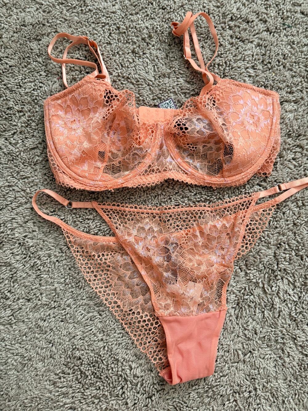 NEW Adore Me Lace Bra and Thong Lingerie Set Canyon Sunset L 34DDD